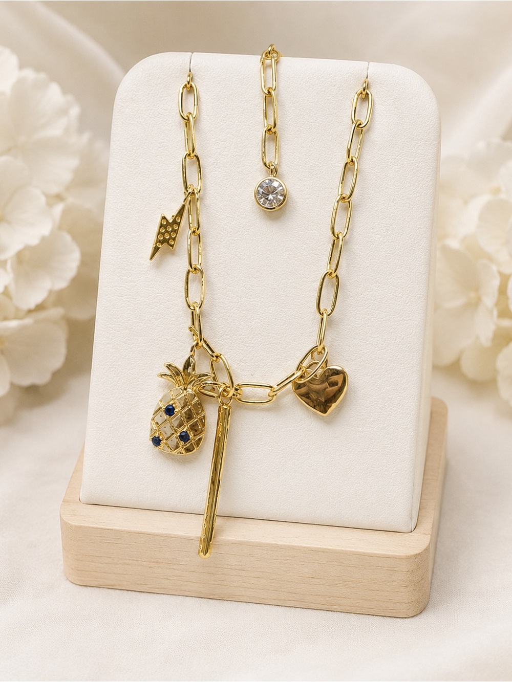 Steel Gold Pineapple Charm Layered Bracelet with Blue Accents - Women Jewelry
